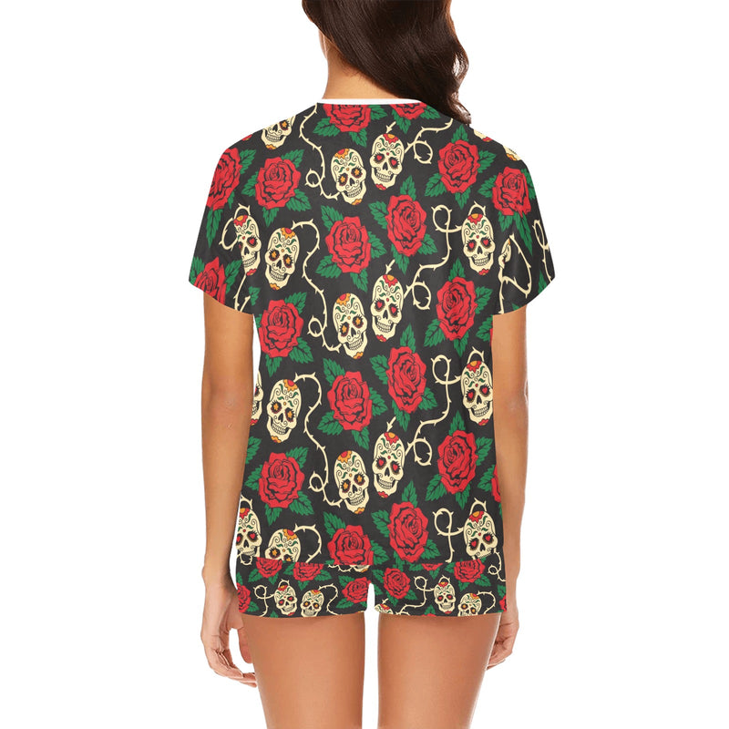 Sugar Skull Red Rose Print Design LKS301 Women's Short Pajama Set