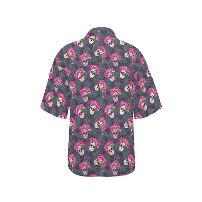 Sugar Skull Pink Rose Themed Print Women's Hawaiian Shirt