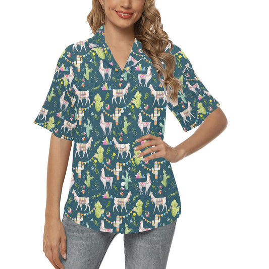 Llama with Cactus Design Print Women's Hawaiian Shirt
