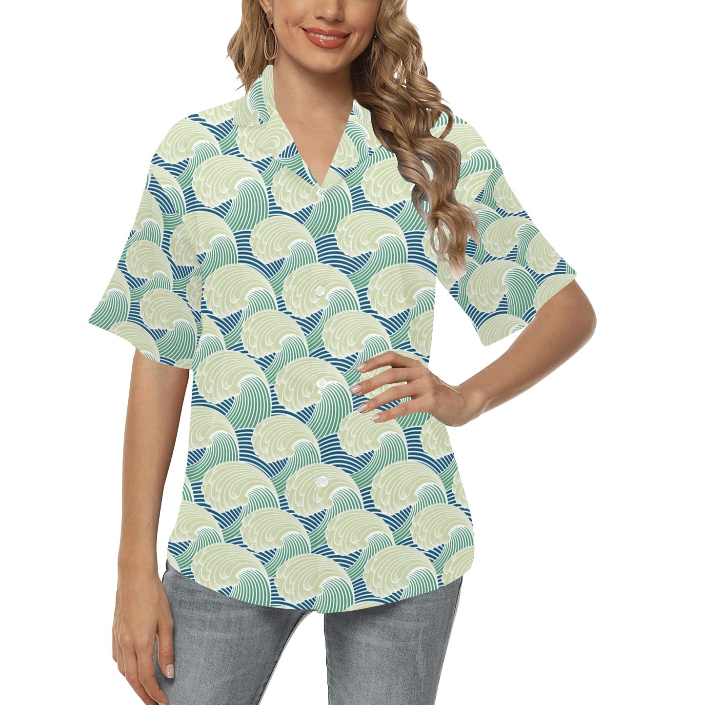 Wave Japan Style Print Design LKS302 Women's Hawaiian Shirt