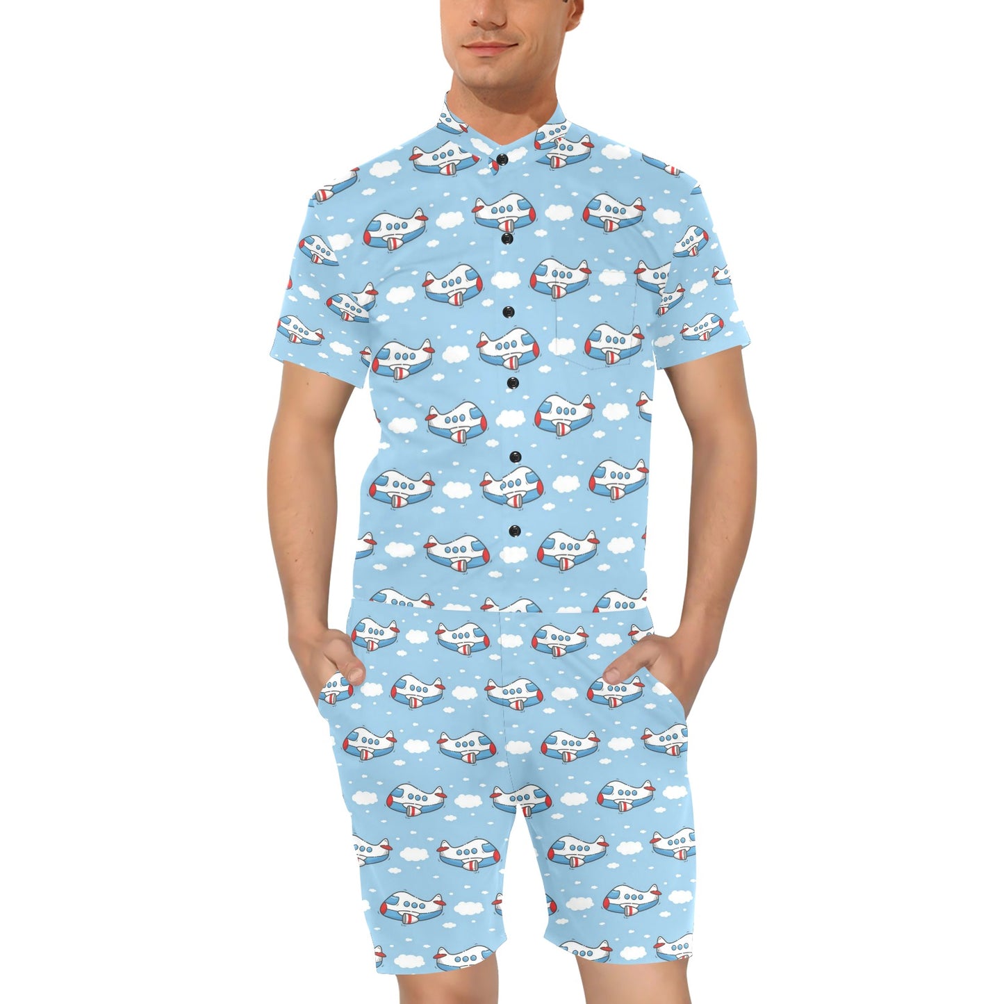 Airplane Cartoon Pattern Print Design 07 Men's Romper