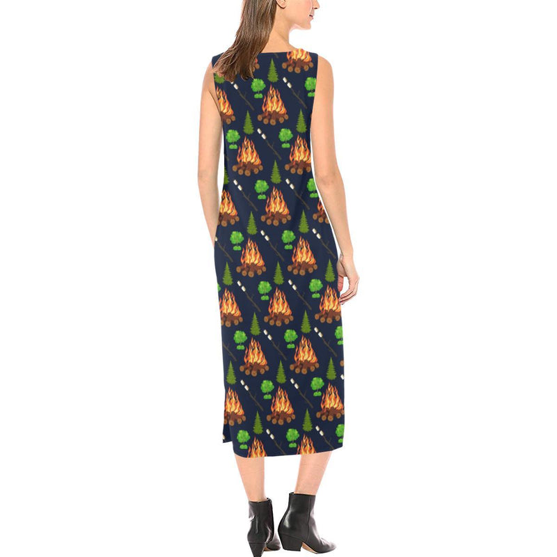 Camfire marshmallow Camping Design Print Sleeveless Open Fork Long Dress