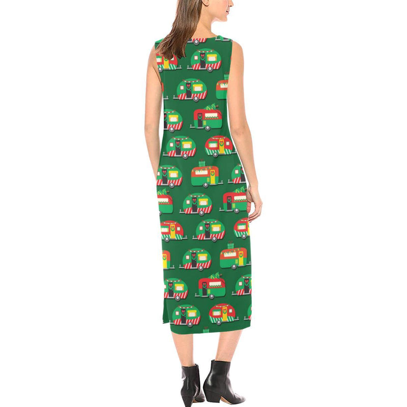 Camper Camping Christmas Themed Print Sleeveless Open Fork Long Dress