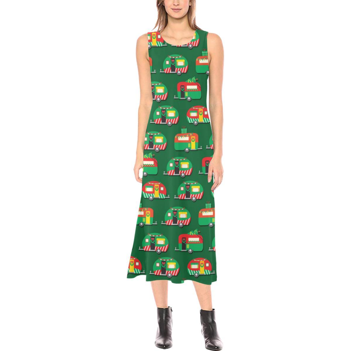 Camper Camping Christmas Themed Print Sleeveless Open Fork Long Dress