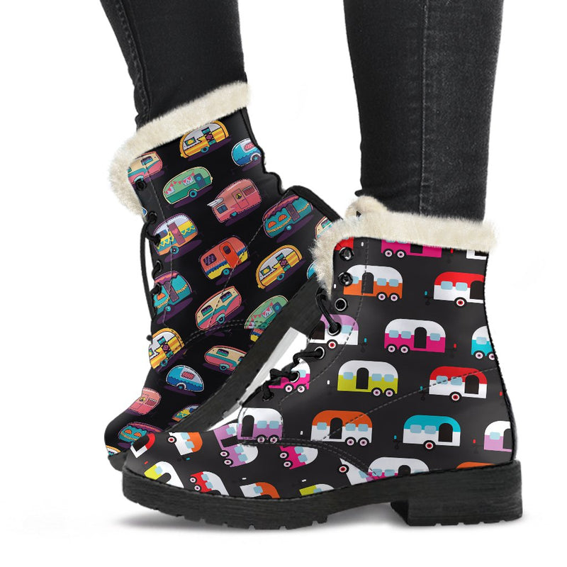 Camper Camping Pattern Faux Fur Leather Boots