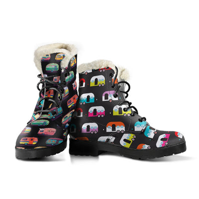 Camper Camping Pattern Faux Fur Leather Boots