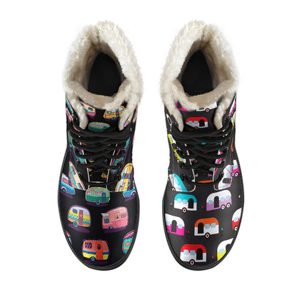 Camper Camping Pattern Faux Fur Leather Boots