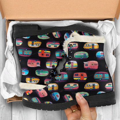 Camper Camping Pattern Faux Fur Leather Boots