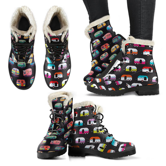 Camper Camping Pattern Faux Fur Leather Boots