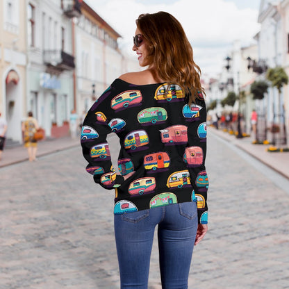 Camper Camping Pattern Off Shoulder Sweatshirt