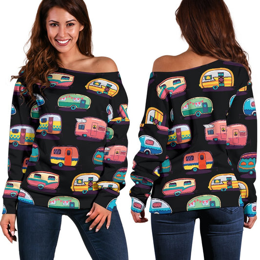 Camper Camping Pattern Off Shoulder Sweatshirt