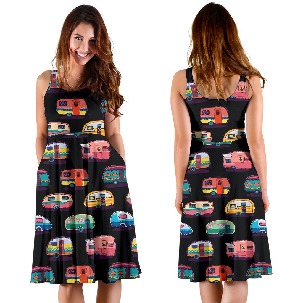 Camper Camping Pattern Sleeveless Mini Dress