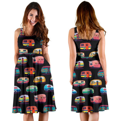 Camper Camping Pattern Sleeveless Mini Dress