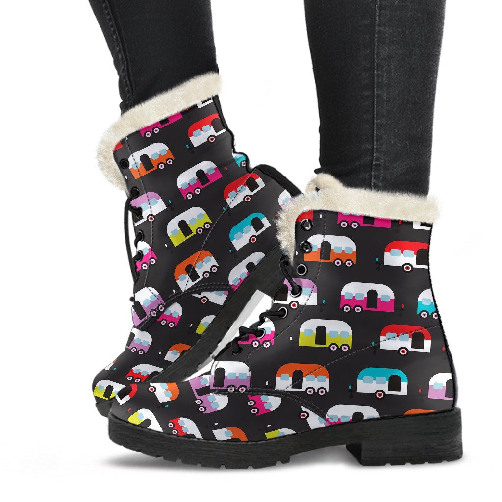 Camper Caravan Pattern Faux Fur Leather Boots