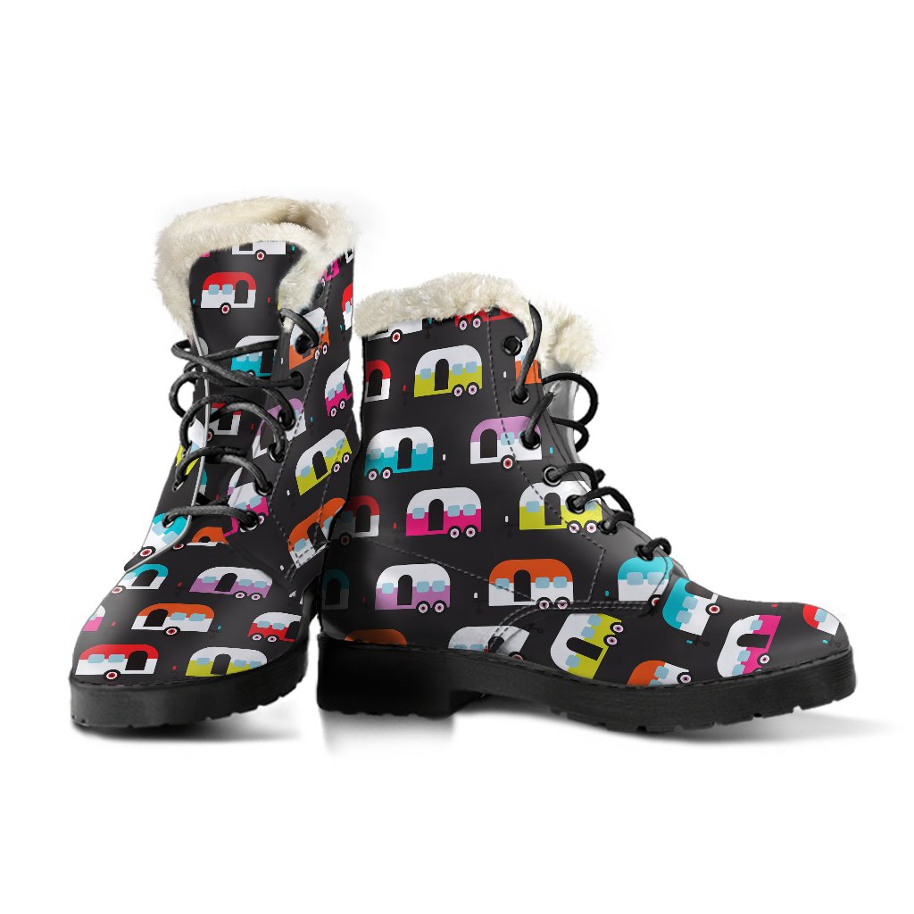 Camper Caravan Pattern Faux Fur Leather Boots