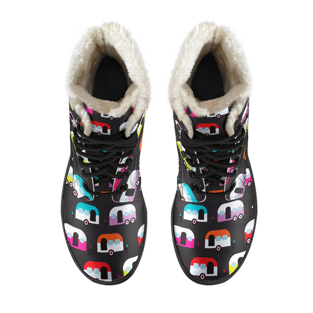 Camper Caravan Pattern Faux Fur Leather Boots