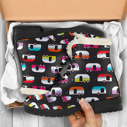 Camper Caravan Pattern Faux Fur Leather Boots