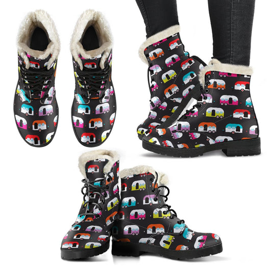 Camper Caravan Pattern Faux Fur Leather Boots