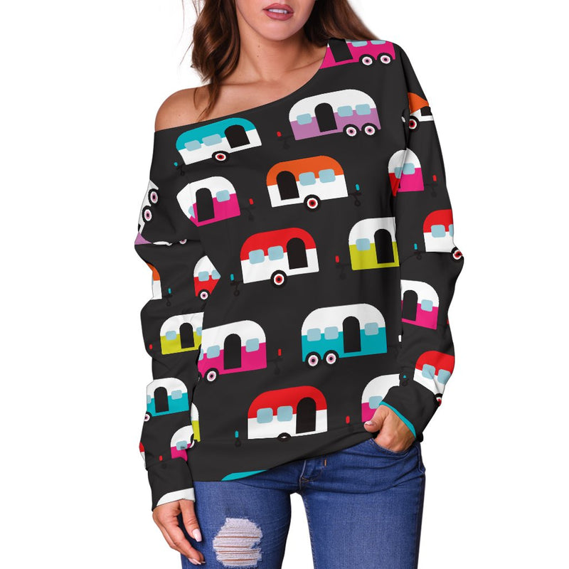 Camper Caravan Pattern Off Shoulder Sweatshirt