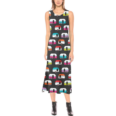 Camper Caravan Pattern Sleeveless Open Fork Long Dress