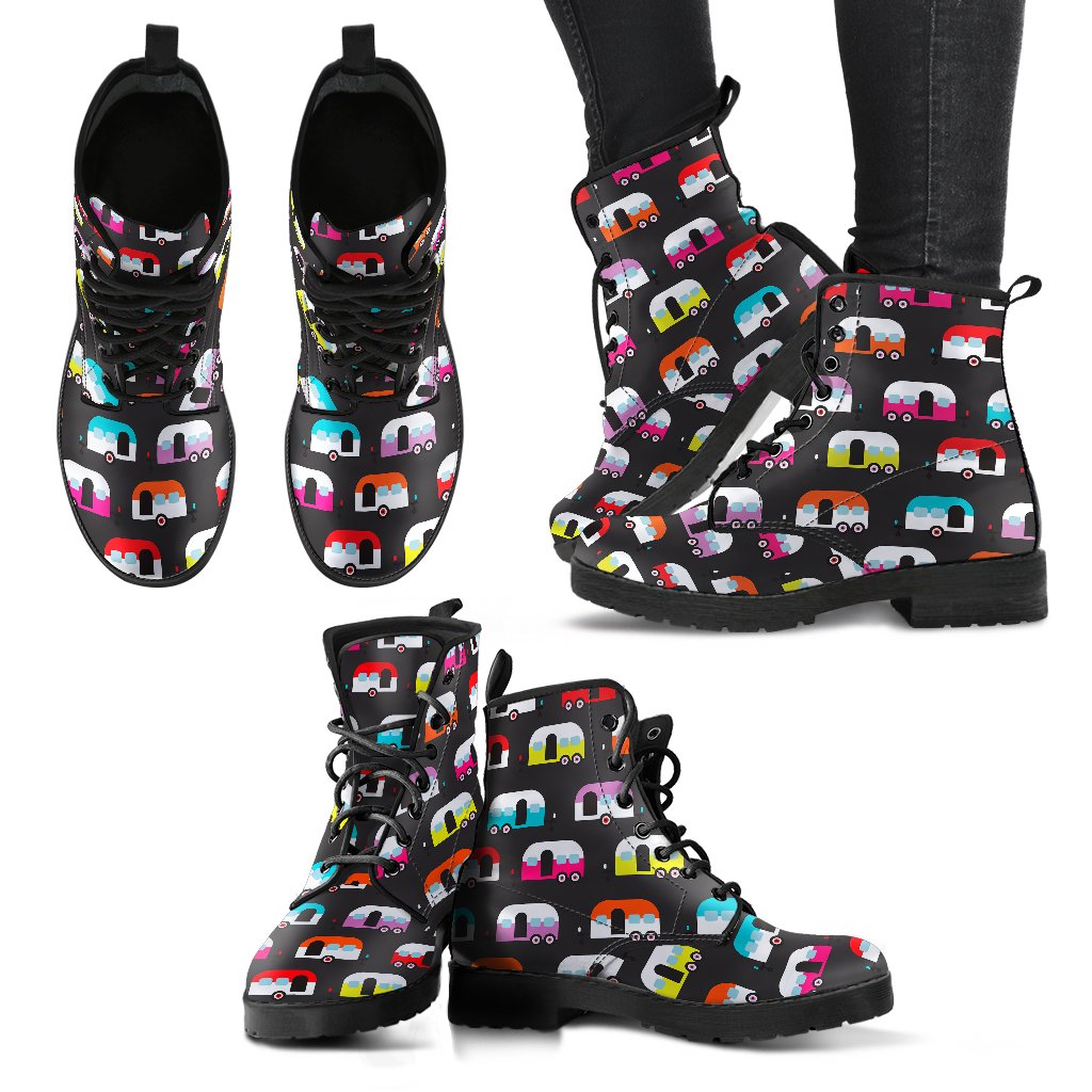 Camper Caravan Pattern Women Leather Boots