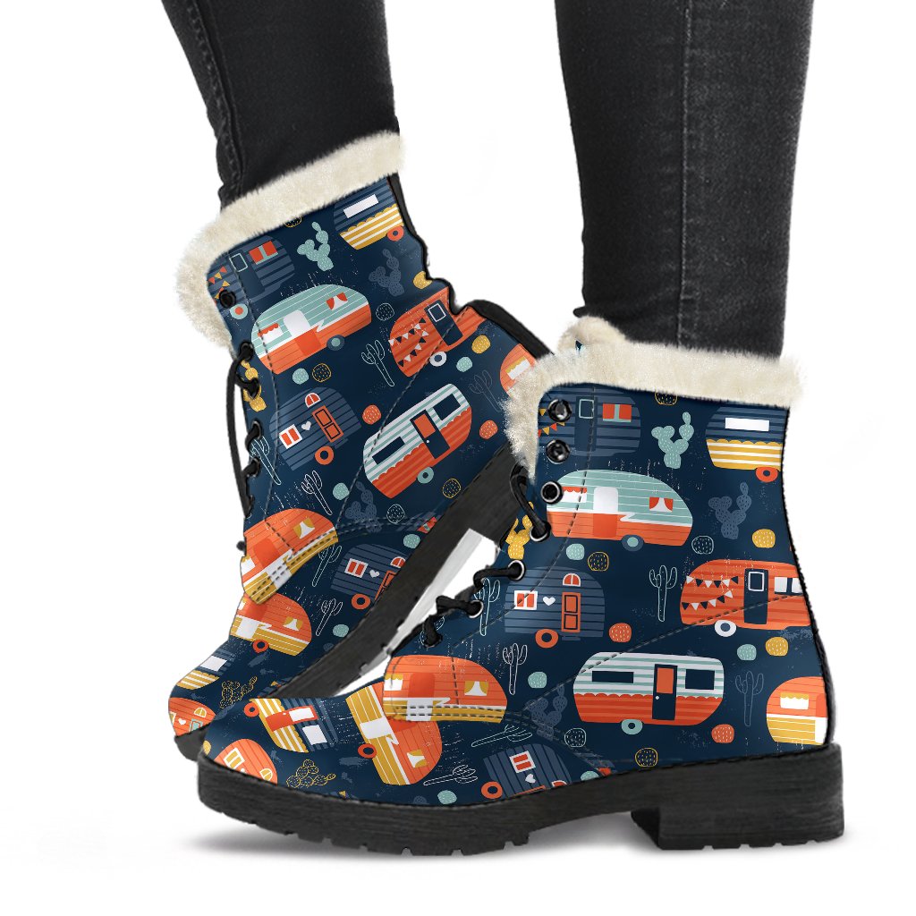 Camper Caravan Print Pattern Faux Fur Leather Boots