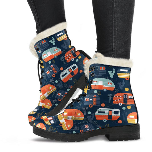 Camper Caravan Print Pattern Faux Fur Leather Boots
