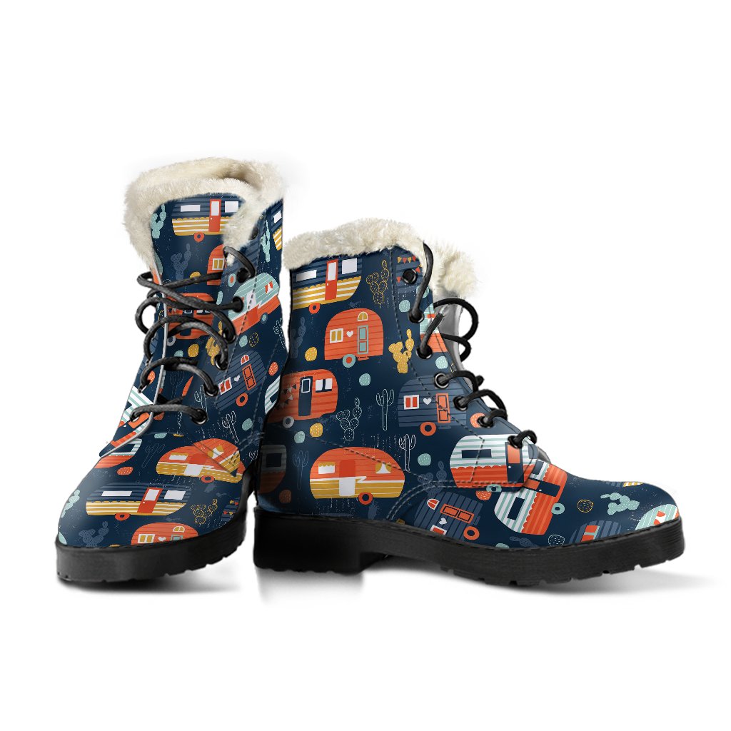 Camper Caravan Print Pattern Faux Fur Leather Boots