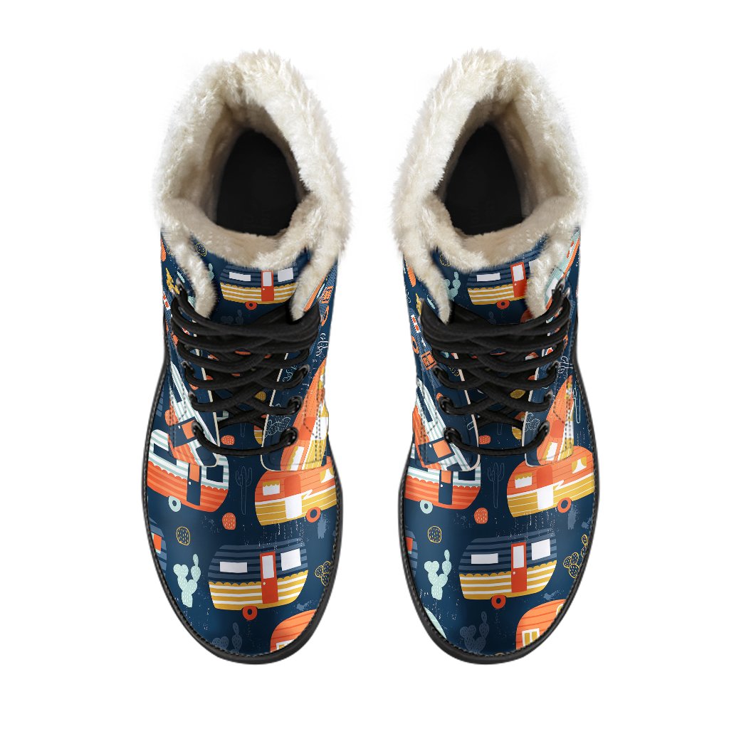 Camper Caravan Print Pattern Faux Fur Leather Boots