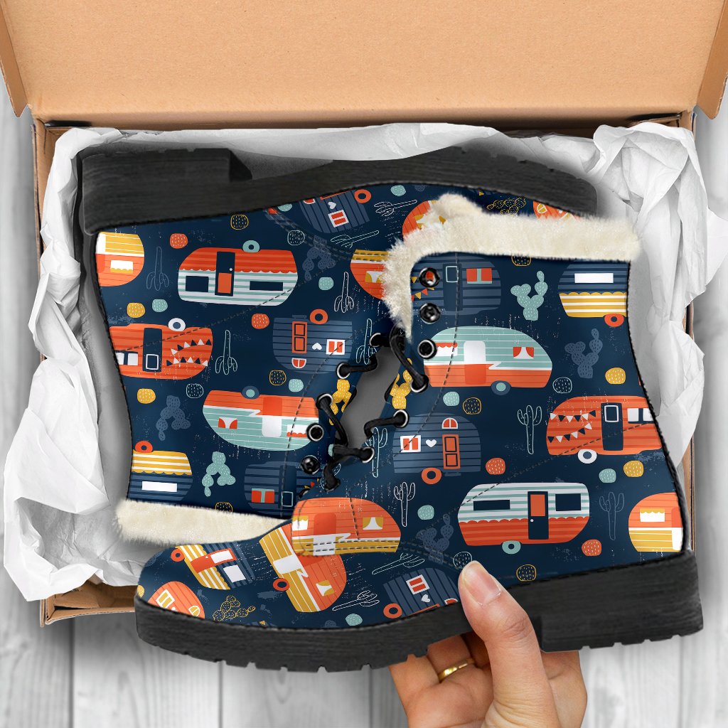 Camper Caravan Print Pattern Faux Fur Leather Boots