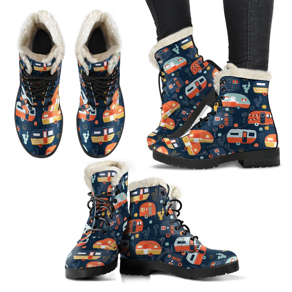 Camper Caravan Print Pattern Faux Fur Leather Boots