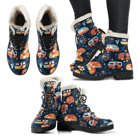 Camper Caravan Print Pattern Faux Fur Leather Boots