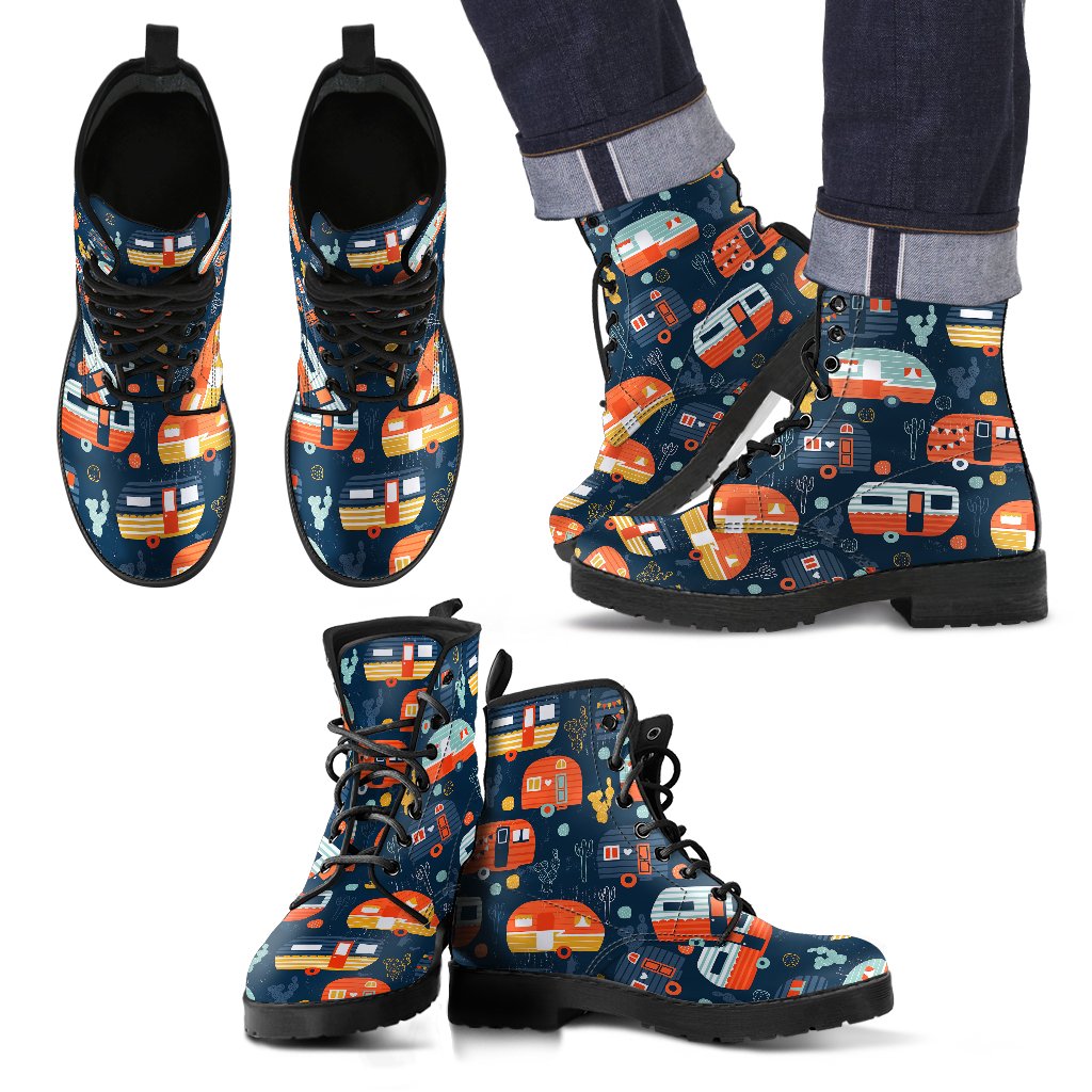 Camper Caravan Print Pattern Men Leather Boots