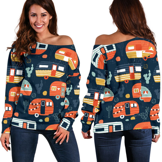 Camper Caravan Print Pattern Off Shoulder Sweatshirt