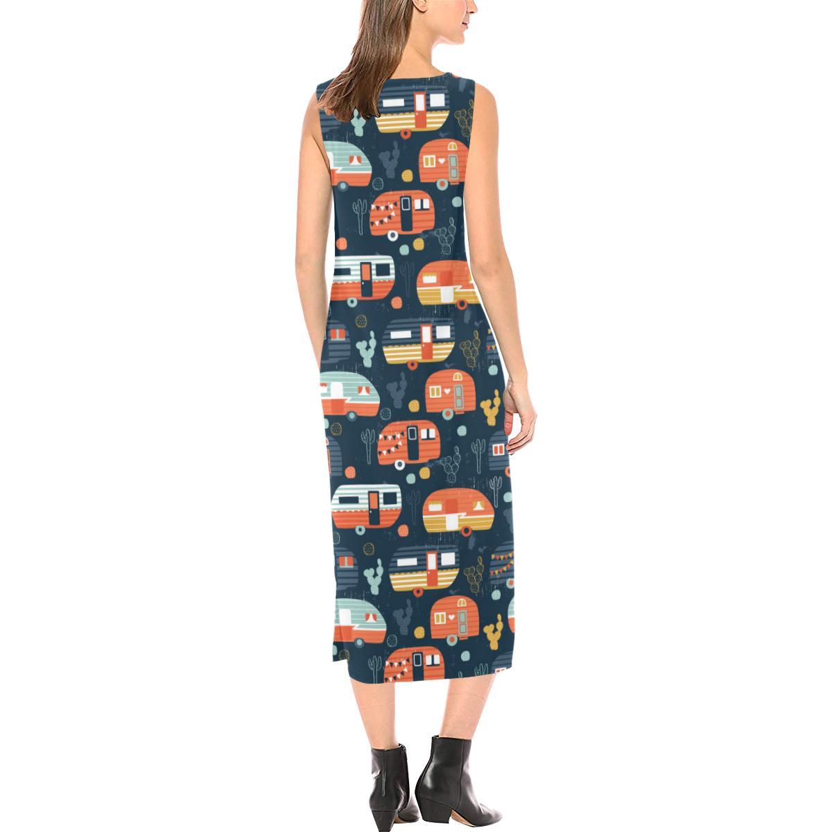 Camper Caravan Print Pattern Sleeveless Open Fork Long Dress