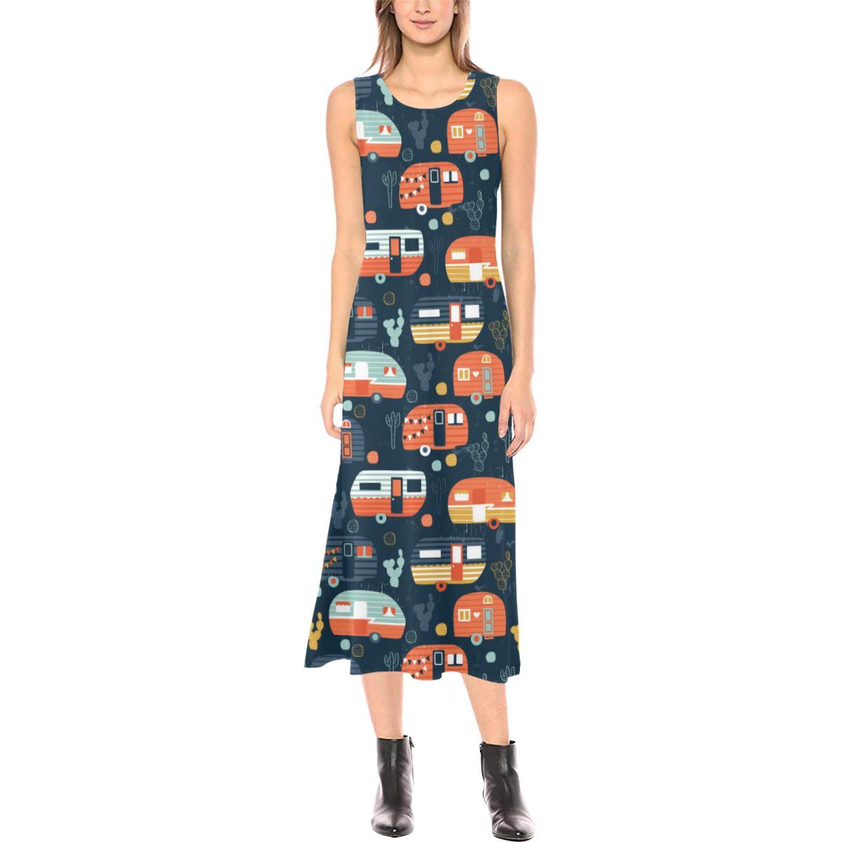 Camper Caravan Print Pattern Sleeveless Open Fork Long Dress