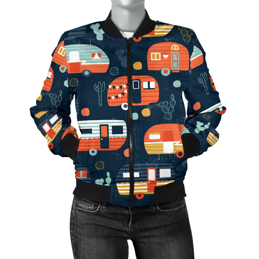 Camper Caravan Print Pattern Women Casual Bomber Jacket