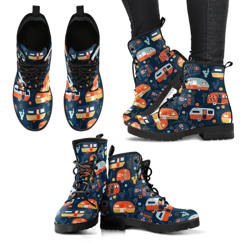 Camper Caravan Print Pattern Women Leather Boots