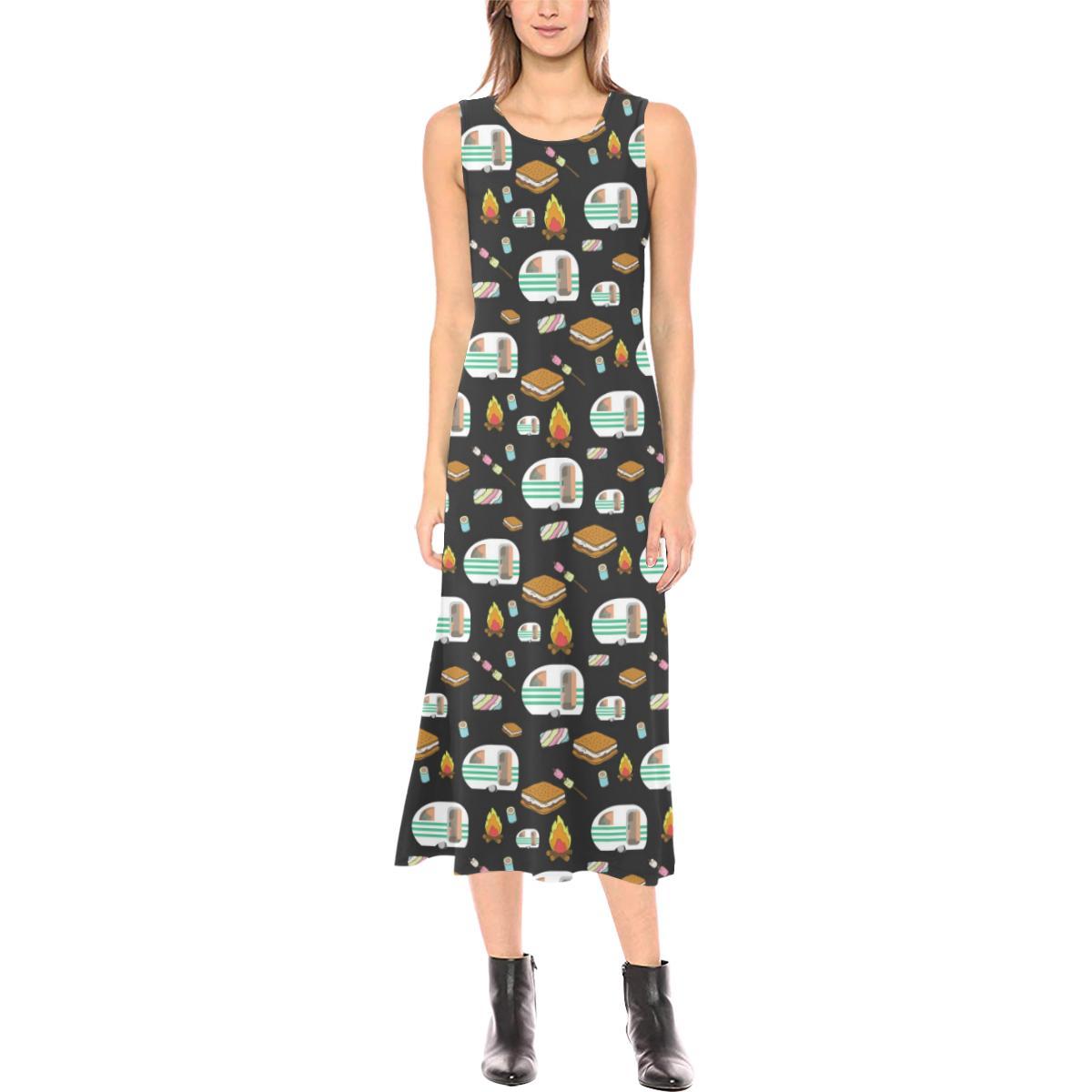 Camper marshmallow Camping Design Print Sleeveless Open Fork Long Dress