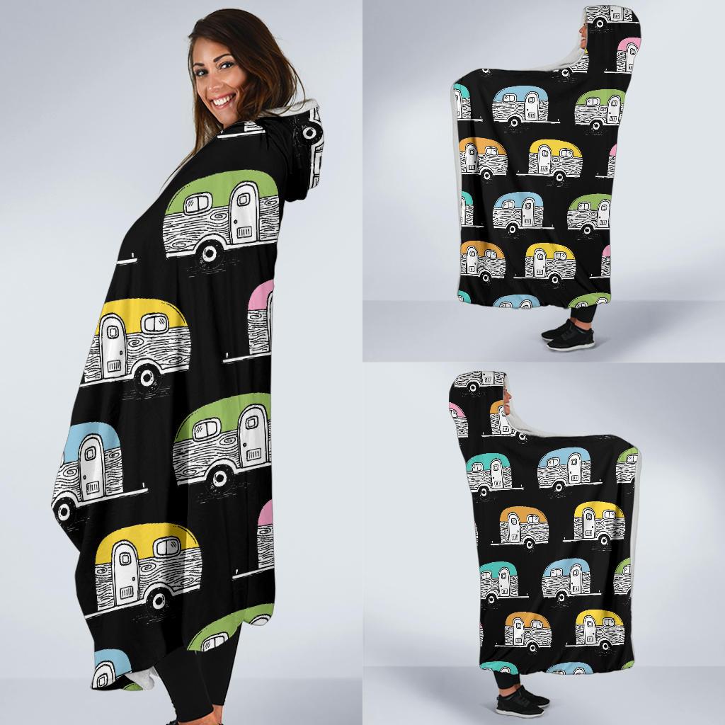 Camper Pattern Camping Themed No 2 Print Hooded Blanket-JORJUNE.COM