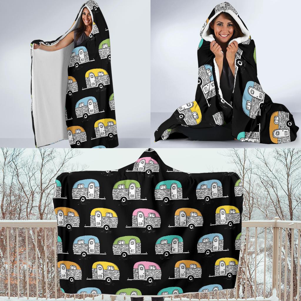 Camper Pattern Camping Themed No 2 Print Hooded Blanket-JORJUNE.COM