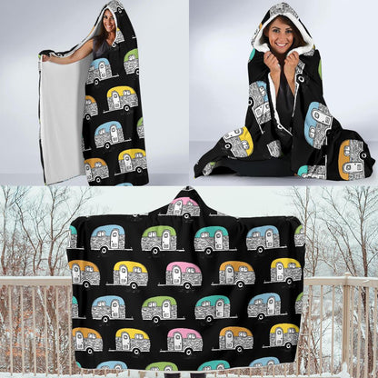Camper Pattern Camping Themed No 2 Print Hooded Blanket-JORJUNE.COM