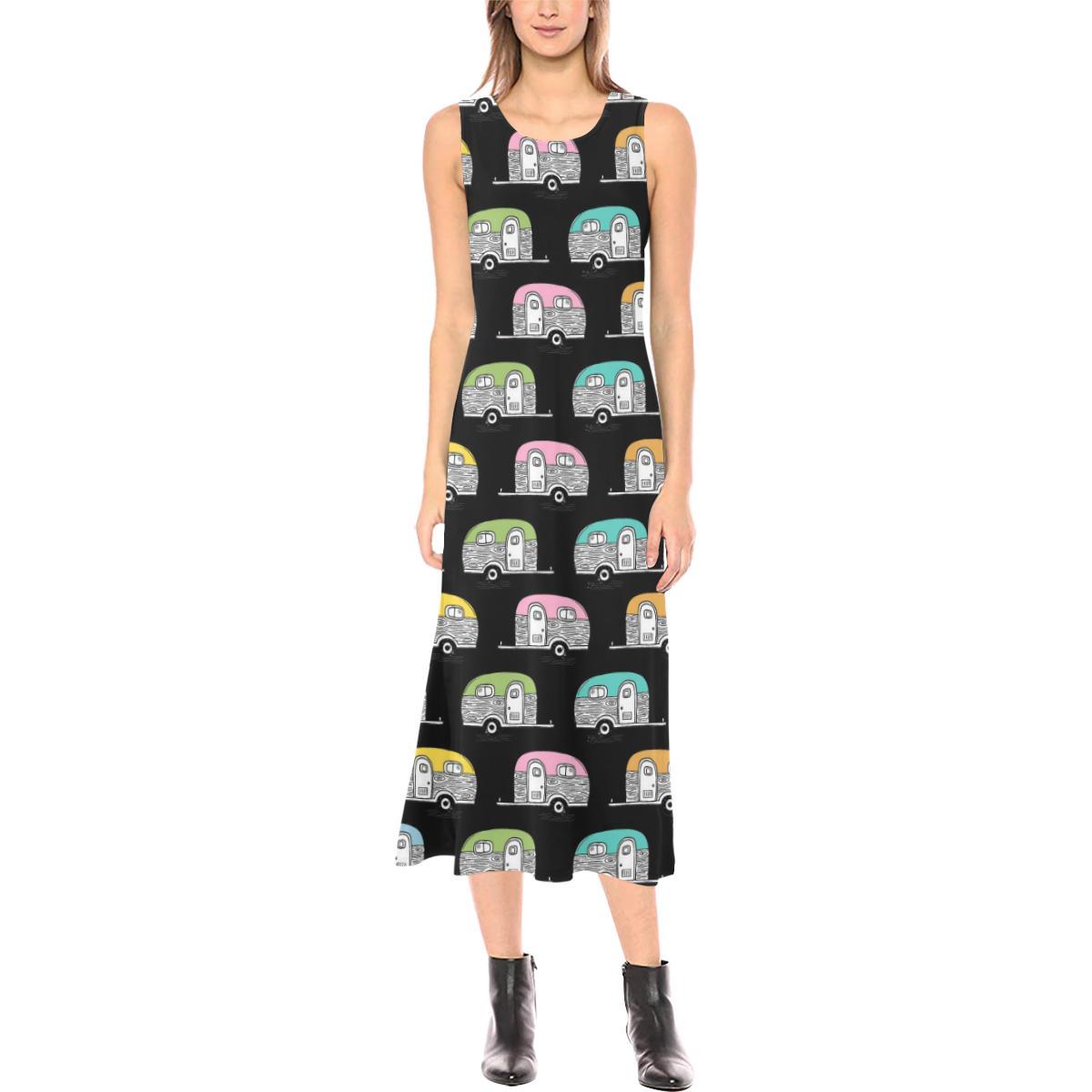 Camper Pattern Camping Themed No 2 Print Sleeveless Open Fork Long Dress