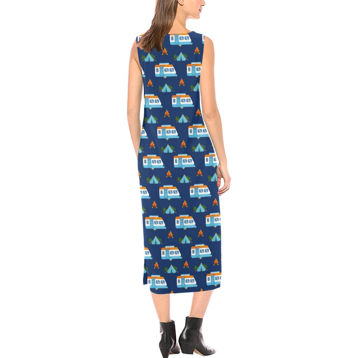 Camper Pattern Camping Themed No 3 Print Sleeveless Open Fork Long Dress