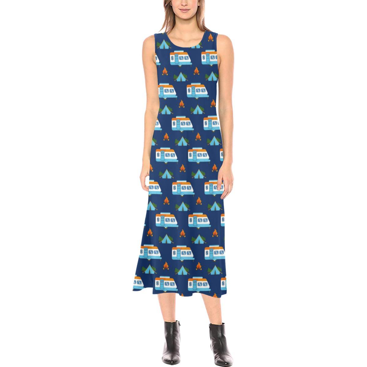 Camper Pattern Camping Themed No 3 Print Sleeveless Open Fork Long Dress
