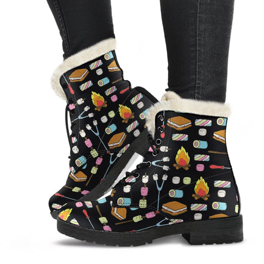 Camping Campfire Marshmallows Faux Fur Leather Boots