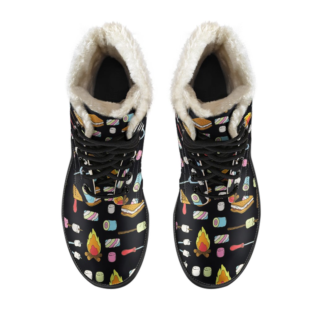 Camping Campfire Marshmallows Faux Fur Leather Boots