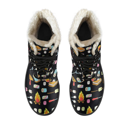 Camping Campfire Marshmallows Faux Fur Leather Boots
