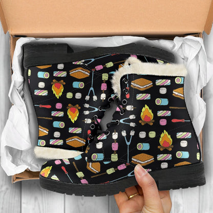 Camping Campfire Marshmallows Faux Fur Leather Boots