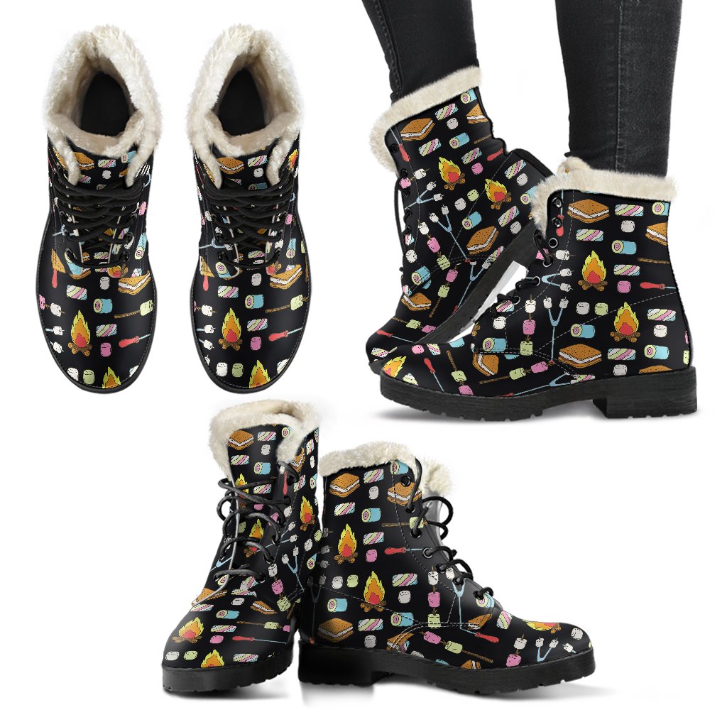 Camping Campfire Marshmallows Faux Fur Leather Boots